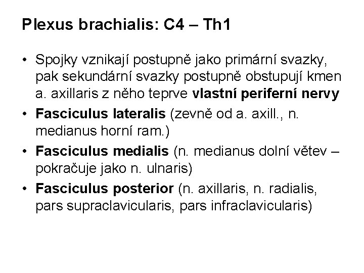 Plexus brachialis: C 4 – Th 1 • Spojky vznikají postupně jako primární svazky,