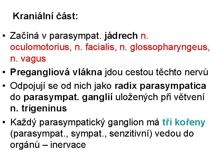 Kraniální část: • Začíná v parasympat. jádrech n. oculomotorius, n. facialis, n. glossopharyngeus, n.