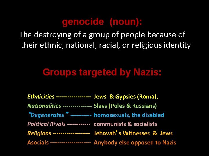genocide (noun): The destroying of a group of people because of their ethnic, national,