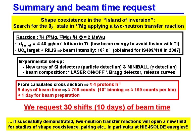 Summary and beam time request Shape coexistence in the “island of inversion”: Search for