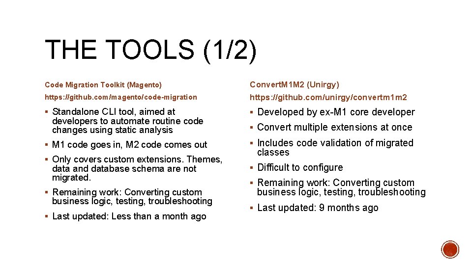 THE TOOLS (1/2) Code Migration Toolkit (Magento) Convert. M 1 M 2 (Unirgy) https: