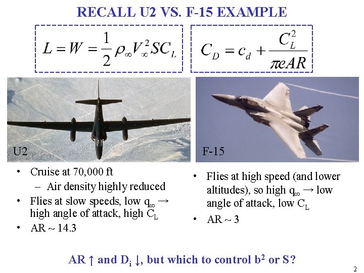 RECALL U 2 VS. F-15 EXAMPLE U 2 F-15 • Cruise at 70, 000