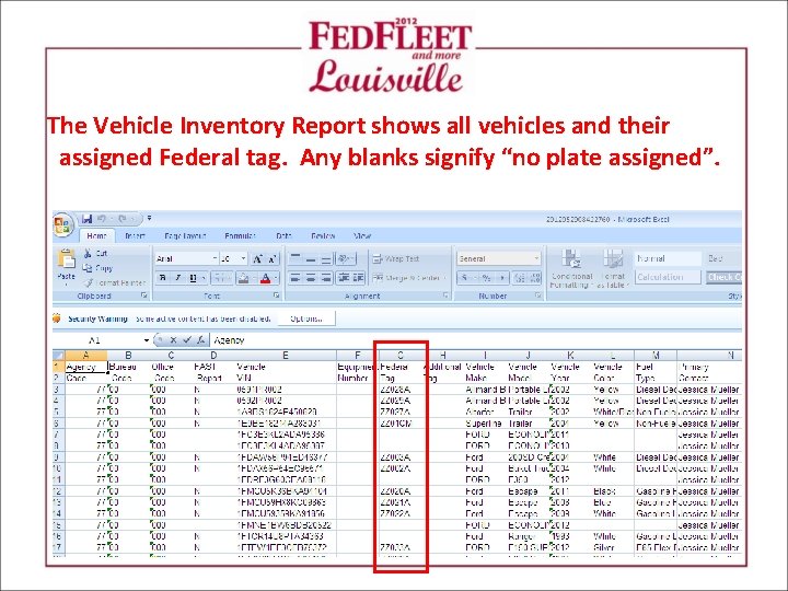 The Vehicle Inventory Report shows all vehicles and their assigned Federal tag. Any blanks