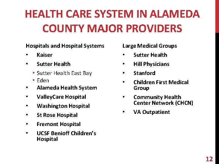 HEALTH CARE SYSTEM IN ALAMEDA COUNTY MAJOR PROVIDERS Hospitals and Hospital Systems • •