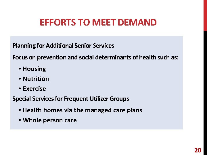 EFFORTS TO MEET DEMAND Planning for Additional Senior Services Focus on prevention and social