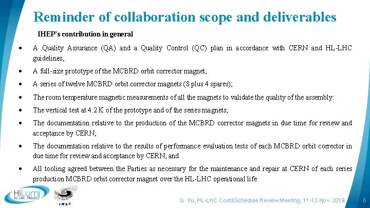 Reminder of collaboration scope and deliverables IHEP’s contribution in general A Quality Assurance (QA)