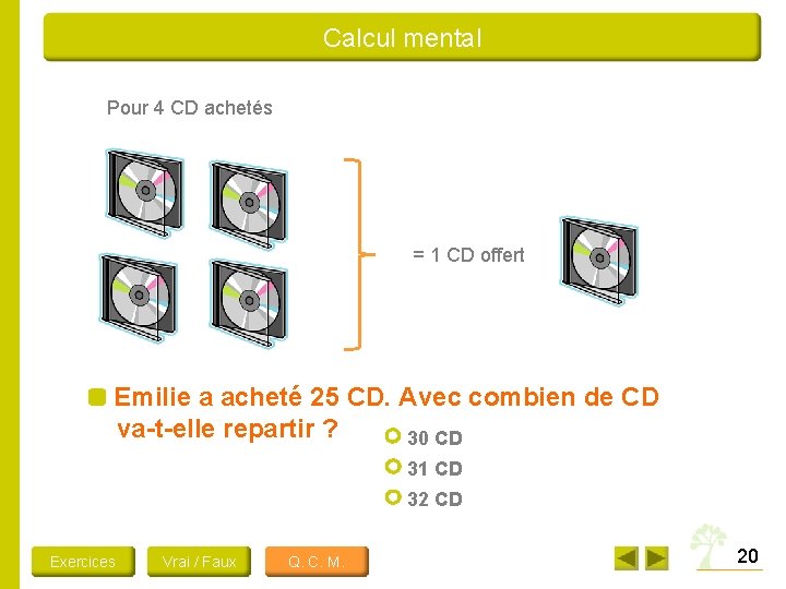  Calcul mental Pour 4 CD achetés = 1 CD offert Emilie a acheté