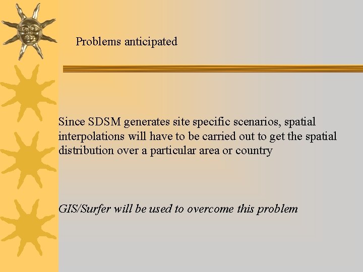 Problems anticipated Since SDSM generates site specific scenarios, spatial interpolations will have to be Problems anticipated Since SDSM generates site specific scenarios, spatial interpolations will have to be