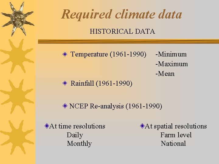Required climate data HISTORICAL DATA Temperature (1961 -1990) -Minimum -Maximum -Mean Rainfall (1961 -1990) Required climate data HISTORICAL DATA Temperature (1961 -1990) -Minimum -Maximum -Mean Rainfall (1961 -1990)