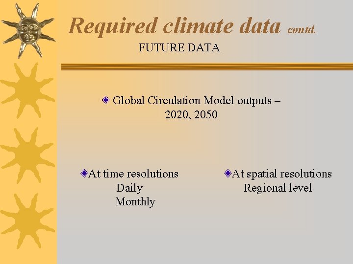 Required climate data contd. FUTURE DATA Global Circulation Model outputs – 2020, 2050 At Required climate data contd. FUTURE DATA Global Circulation Model outputs – 2020, 2050 At