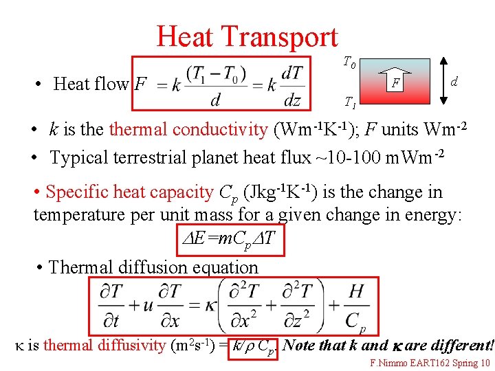 Heat Transport T 0 • Heat flow F F d T 1 • k