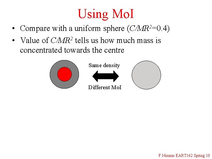 Using Mo. I • Compare with a uniform sphere (C/MR 2=0. 4) • Value