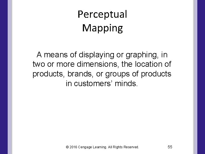 Perceptual Mapping A means of displaying or graphing, in two or more dimensions, the Perceptual Mapping A means of displaying or graphing, in two or more dimensions, the