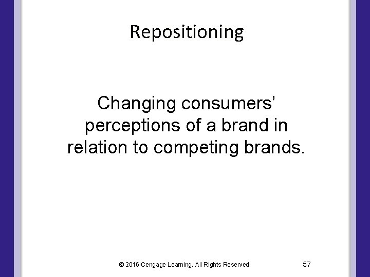 Repositioning Changing consumers’ perceptions of a brand in relation to competing brands. © 2016 Repositioning Changing consumers’ perceptions of a brand in relation to competing brands. © 2016