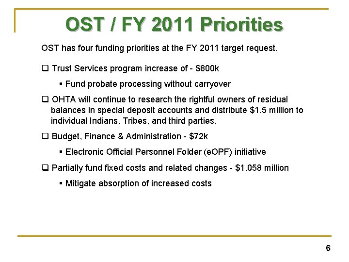 OST / FY 2011 Priorities OST has four funding priorities at the FY 2011 OST / FY 2011 Priorities OST has four funding priorities at the FY 2011