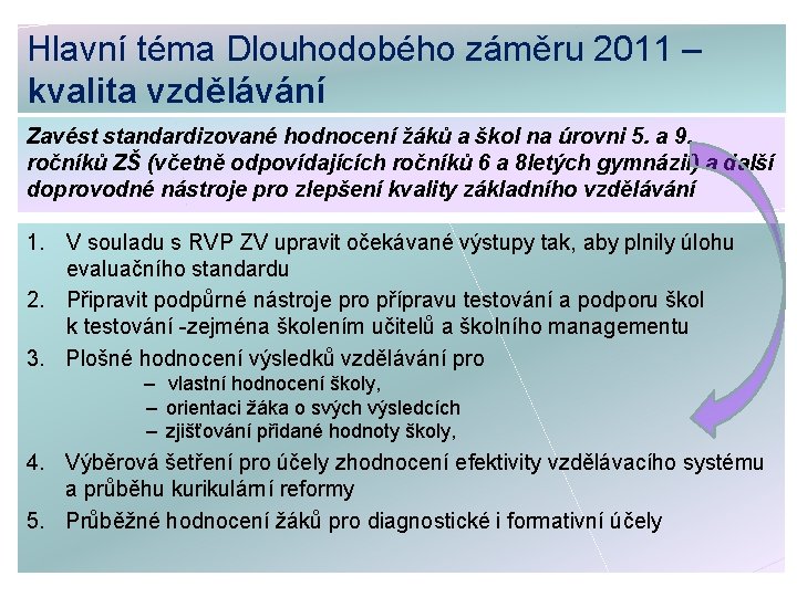 Hlavní téma Dlouhodobého záměru 2011 – kvalita vzdělávání Zavést standardizované hodnocení žáků a škol
