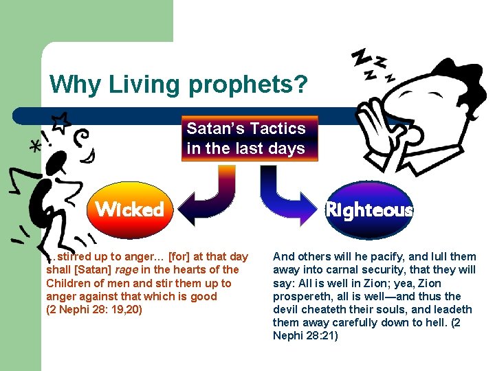 Why Living prophets? Satan’s Tactics in the last days Wicked …stirred up to anger…