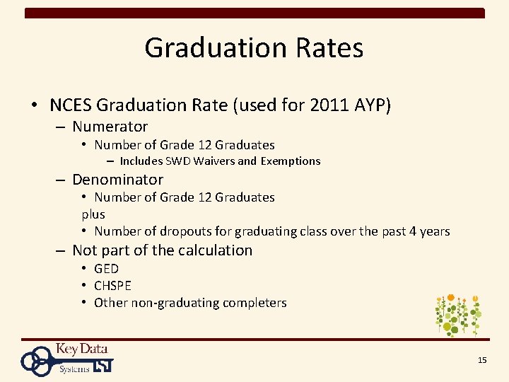 Graduation Rates • NCES Graduation Rate (used for 2011 AYP) – Numerator • Number