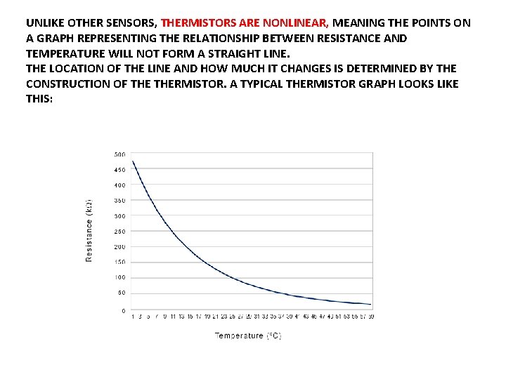 UNLIKE OTHER SENSORS, THERMISTORS ARE NONLINEAR, MEANING THE POINTS ON A GRAPH REPRESENTING THE