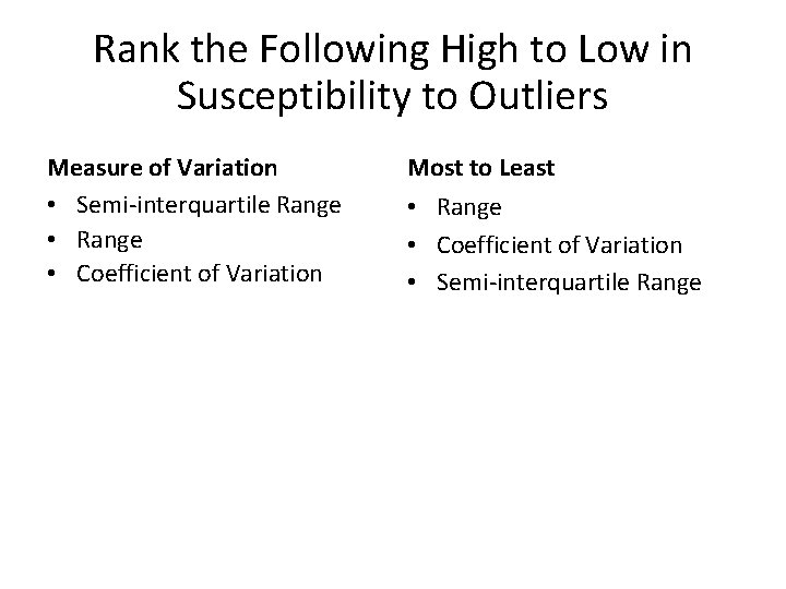 Rank the Following High to Low in Susceptibility to Outliers Measure of Variation •