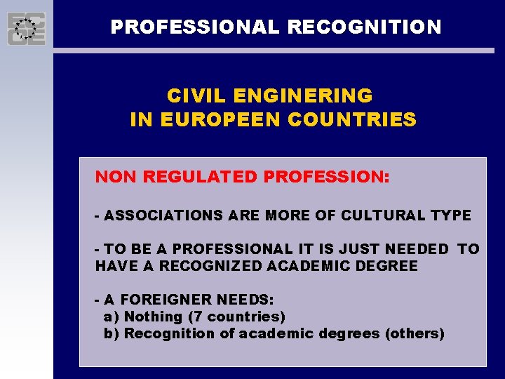 PROFESSIONAL RECOGNITION CIVIL ENGINERING IN EUROPEEN COUNTRIES NON REGULATED PROFESSION: - ASSOCIATIONS ARE MORE