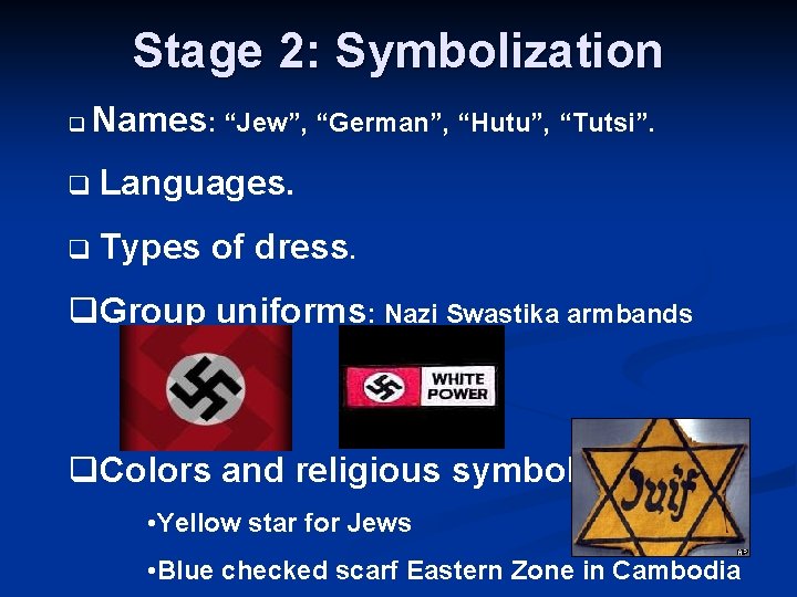 Stage 2: Symbolization q Names: “Jew”, “German”, “Hutu”, “Tutsi”. q Languages. q Types of