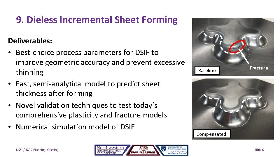 9. Dieless Incremental Sheet Forming Deliverables: • Best-choice process parameters for DSIF to improve