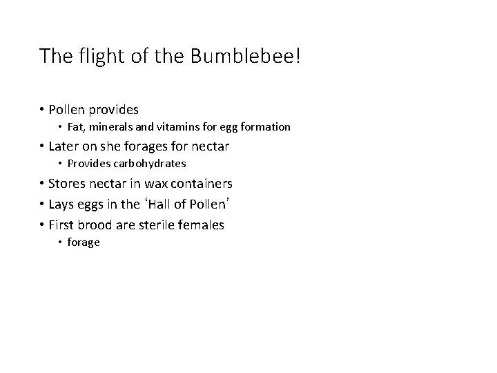 The flight of the Bumblebee! • Pollen provides • Fat, minerals and vitamins for