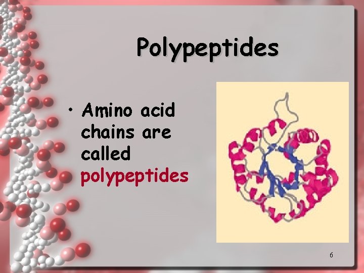 Polypeptides • Amino acid chains are called polypeptides 6 
