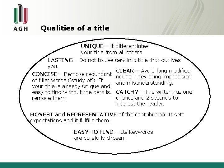 Qualities of a title UNIQUE – it differentiates your title from all others LASTING