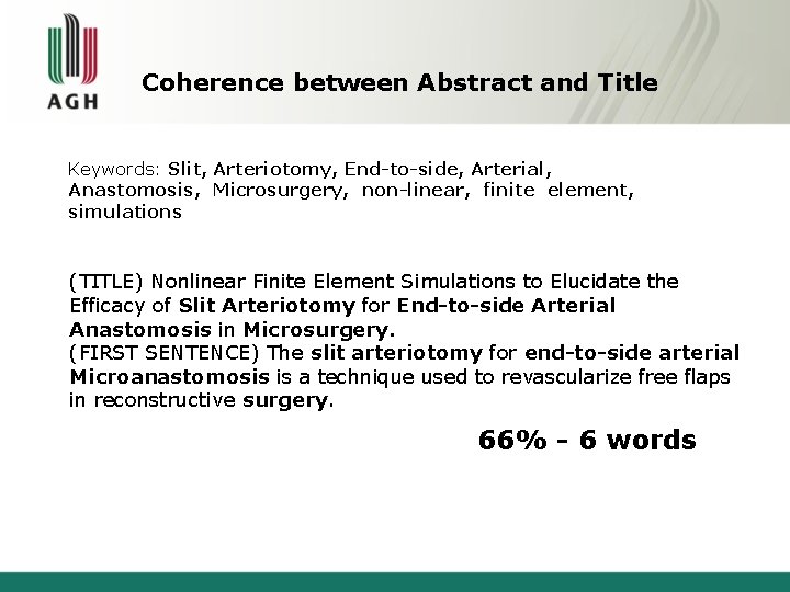 Coherence between Abstract and Title Keywords: Slit, Arteriotomy, End-to-side, Arterial, Anastomosis, Microsurgery, non-linear, finite