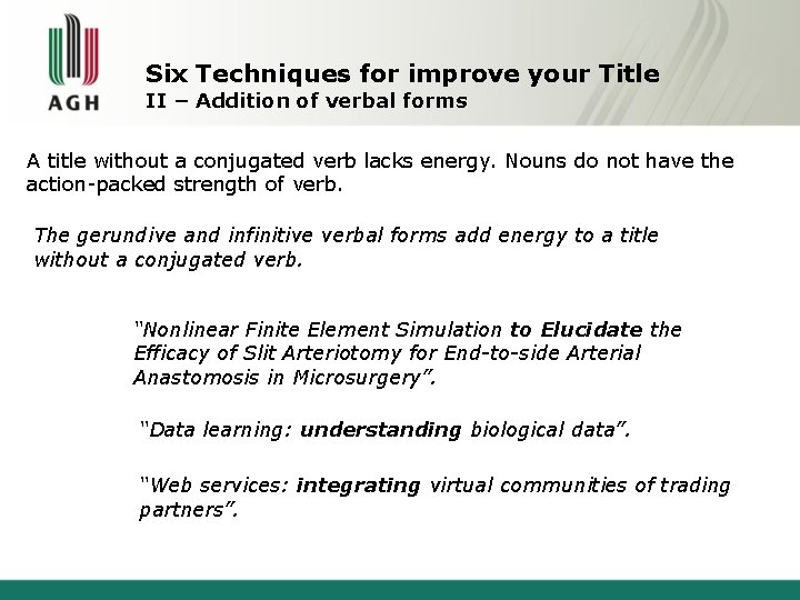 Six Techniques for improve your Title II – Addition of verbal forms A title
