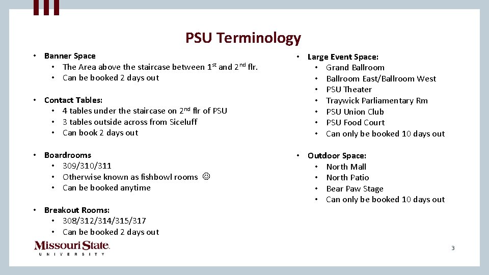 PSU Terminology • Banner Space • The Area above the staircase between 1 st