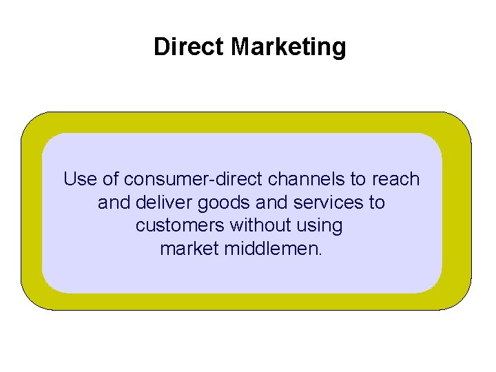 Direct Marketing Use of consumer-direct channels to reach and deliver goods and services to
