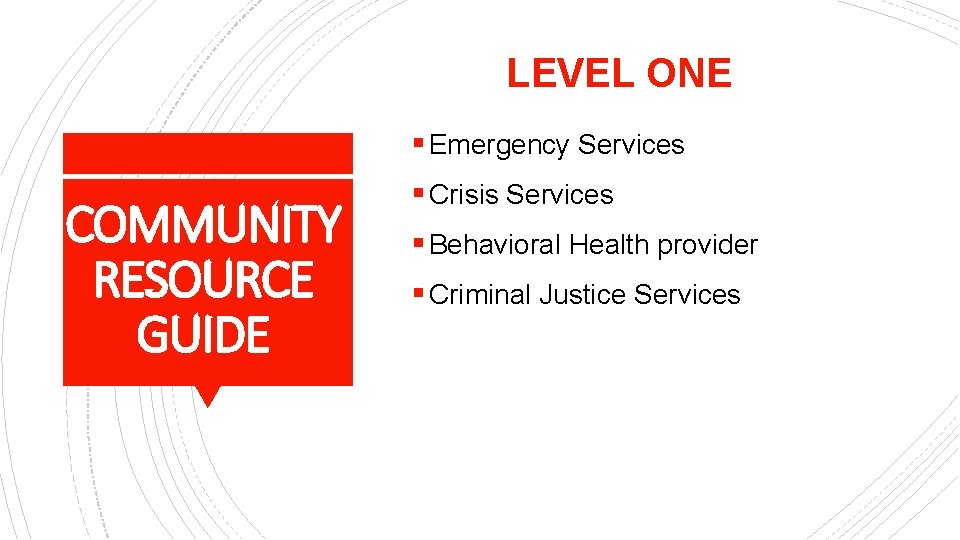 LEVEL ONE § Emergency Services COMMUNITY RESOURCE GUIDE § Crisis Services § Behavioral Health