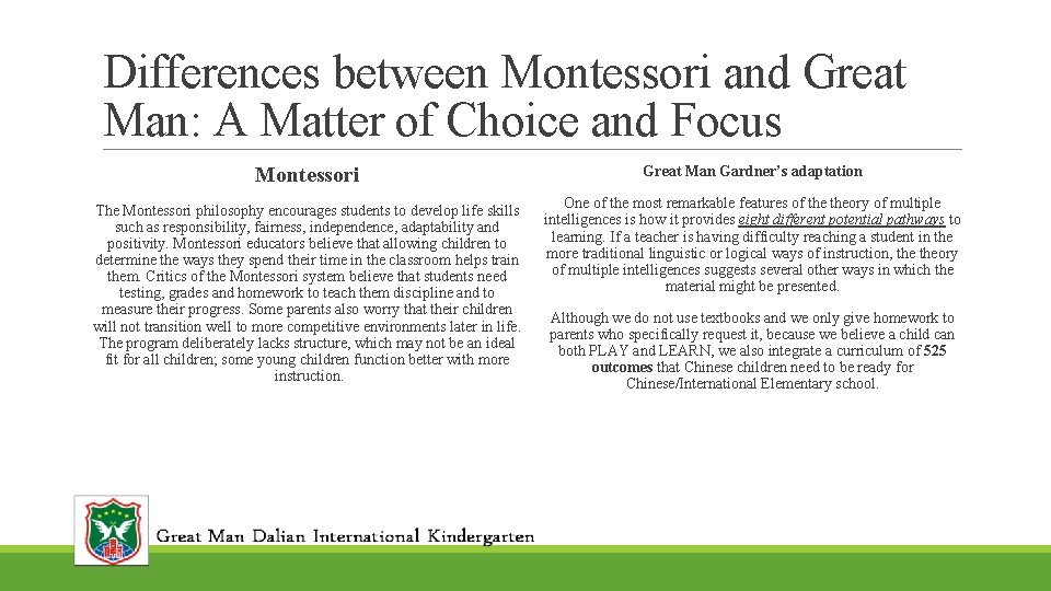 Differences between Montessori and Great Man: A Matter of Choice and Focus Montessori Great