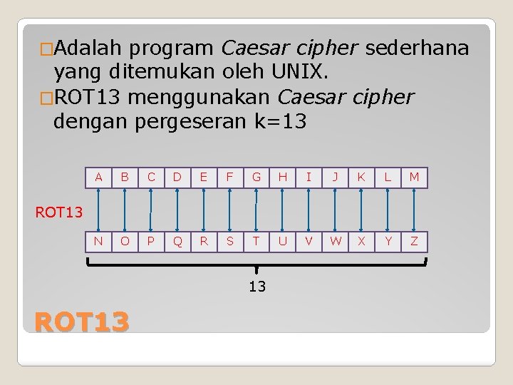 �Adalah program Caesar cipher sederhana yang ditemukan oleh UNIX. �ROT 13 menggunakan Caesar cipher