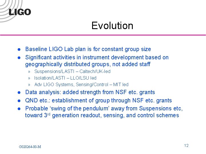 Evolution l l Baseline LIGO Lab plan is for constant group size Significant activities
