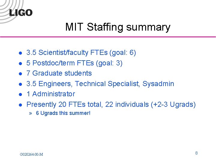 MIT Staffing summary l l l 3. 5 Scientist/faculty FTEs (goal: 6) 5 Postdoc/term