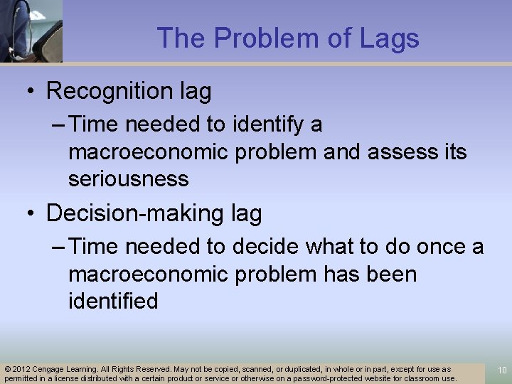 The Problem of Lags • Recognition lag – Time needed to identify a macroeconomic