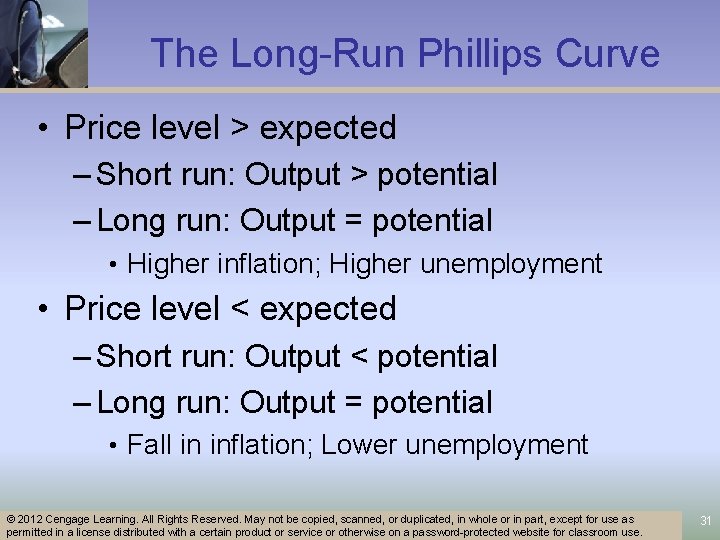 The Long-Run Phillips Curve • Price level > expected – Short run: Output >
