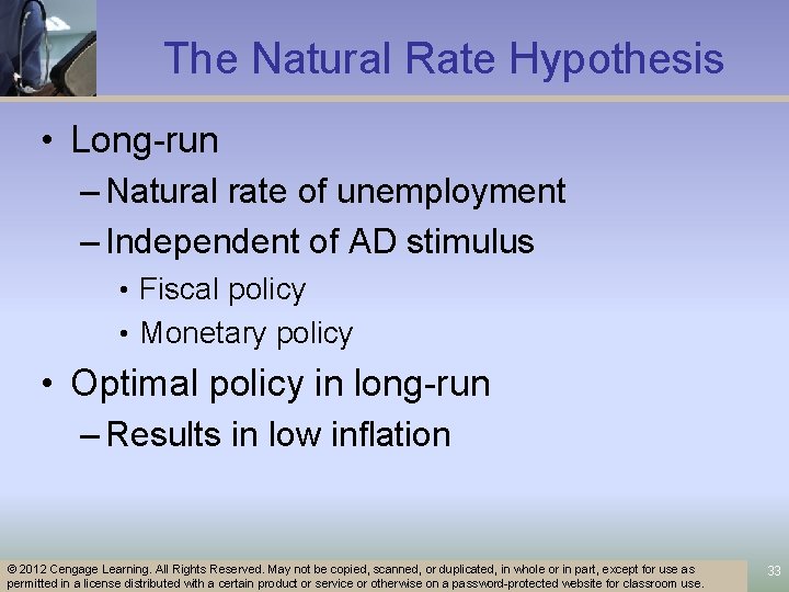The Natural Rate Hypothesis • Long-run – Natural rate of unemployment – Independent of