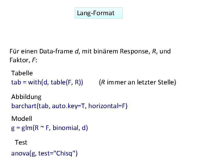 Lang-Format Für einen Data-frame d, mit binärem Response, R, und Faktor, F: Tabelle tab