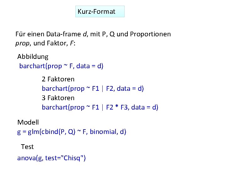 Kurz-Format Für einen Data-frame d, mit P, Q und Proportionen prop, und Faktor, F: