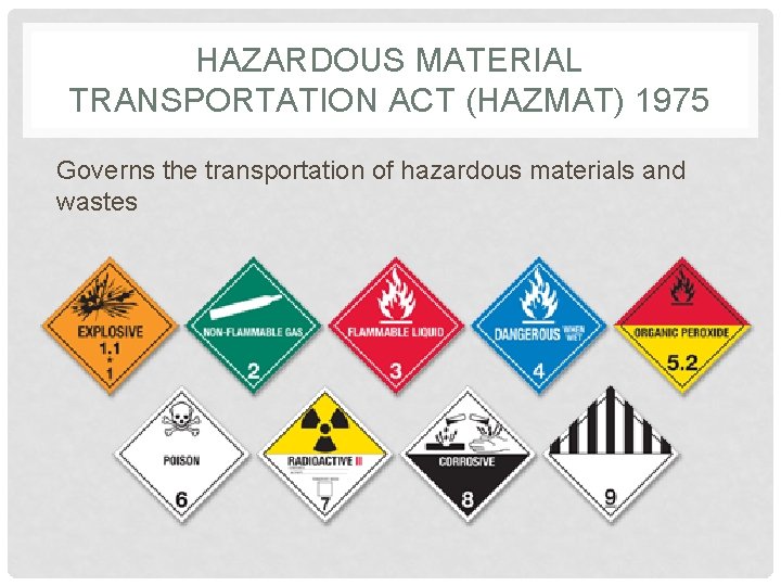 HAZARDOUS MATERIAL TRANSPORTATION ACT (HAZMAT) 1975 Governs the transportation of hazardous materials and wastes