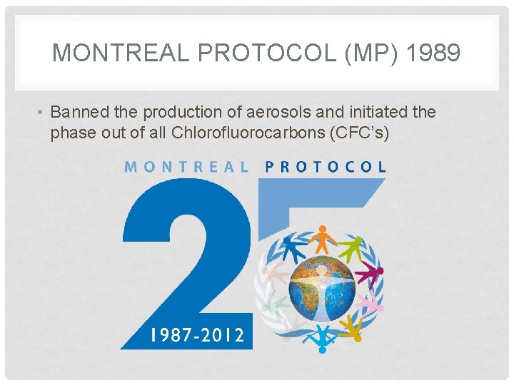 MONTREAL PROTOCOL (MP) 1989 • Banned the production of aerosols and initiated the phase