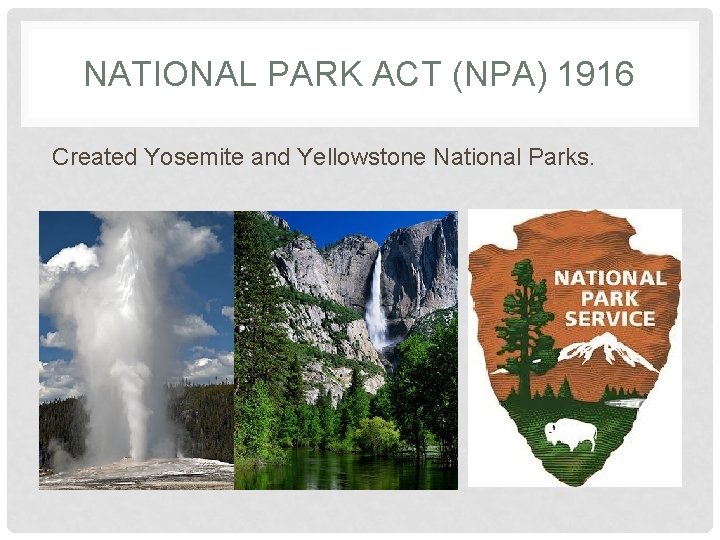 NATIONAL PARK ACT (NPA) 1916 Created Yosemite and Yellowstone National Parks. 