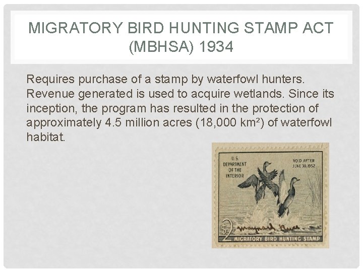 MIGRATORY BIRD HUNTING STAMP ACT (MBHSA) 1934 Requires purchase of a stamp by waterfowl