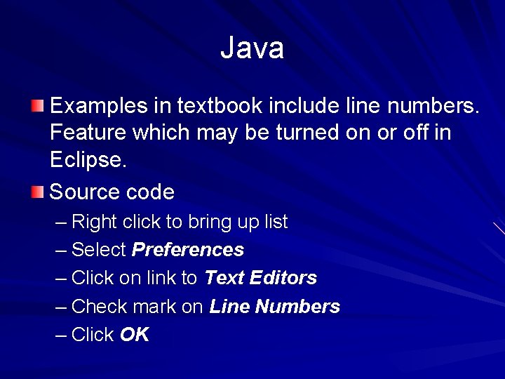 Java Examples in textbook include line numbers. Feature which may be turned on or