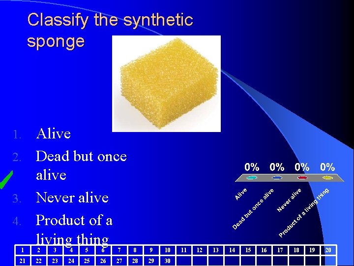 Classify the synthetic sponge Alive 2. Dead but once alive 3. Never alive 4. Classify the synthetic sponge Alive 2. Dead but once alive 3. Never alive 4.